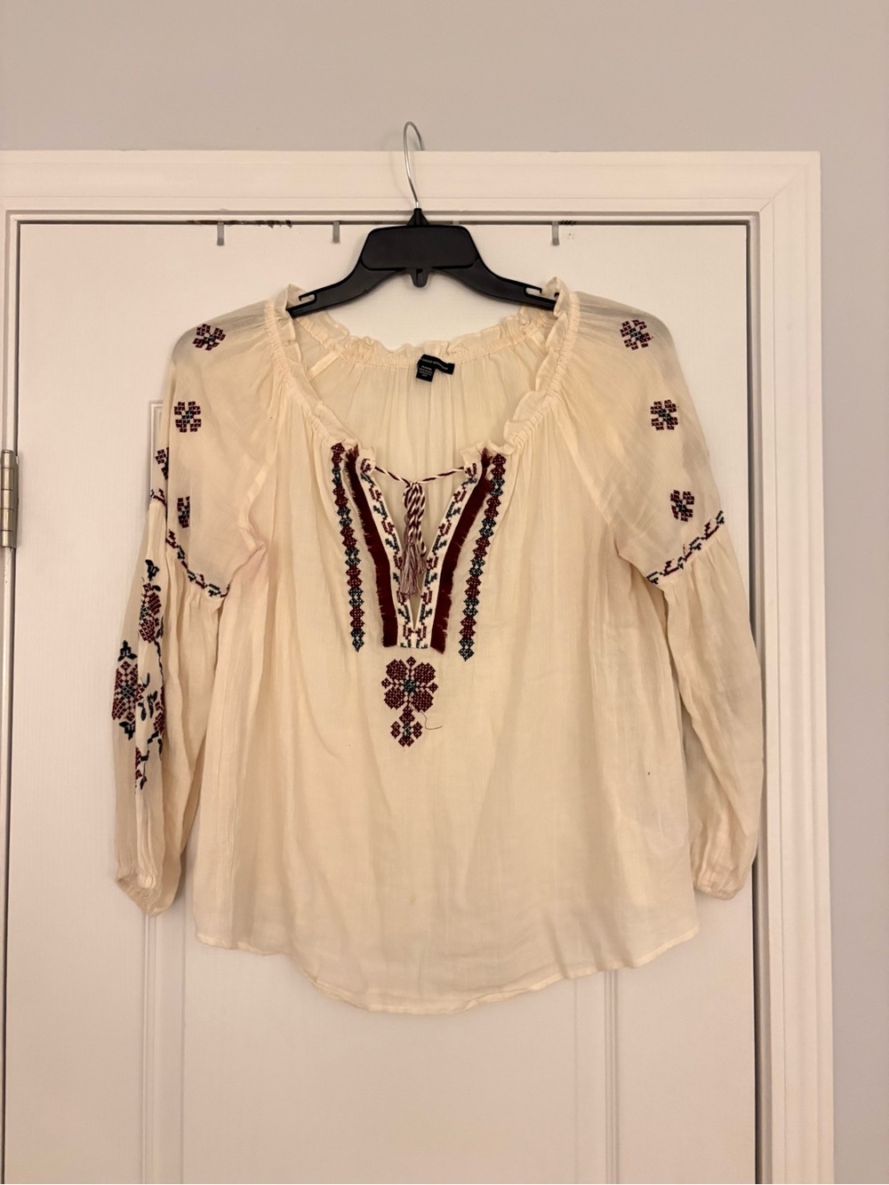 American Eagle Outfitters Cream Peasant Blouse with Burgundy Embroidery